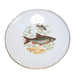 Vintage Bavaria Porcelain Decorative Plate Fish Scene Gold Rim 7 inch